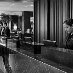 Recepção de hotel com poucos profissionais em atendimento e postos de trabalho vazios.