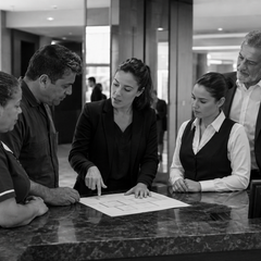 Supervisora coordena uma decisão operacional com líderes de diferentes áreas do hotel, enquanto o gestor acompanha a equipe.
